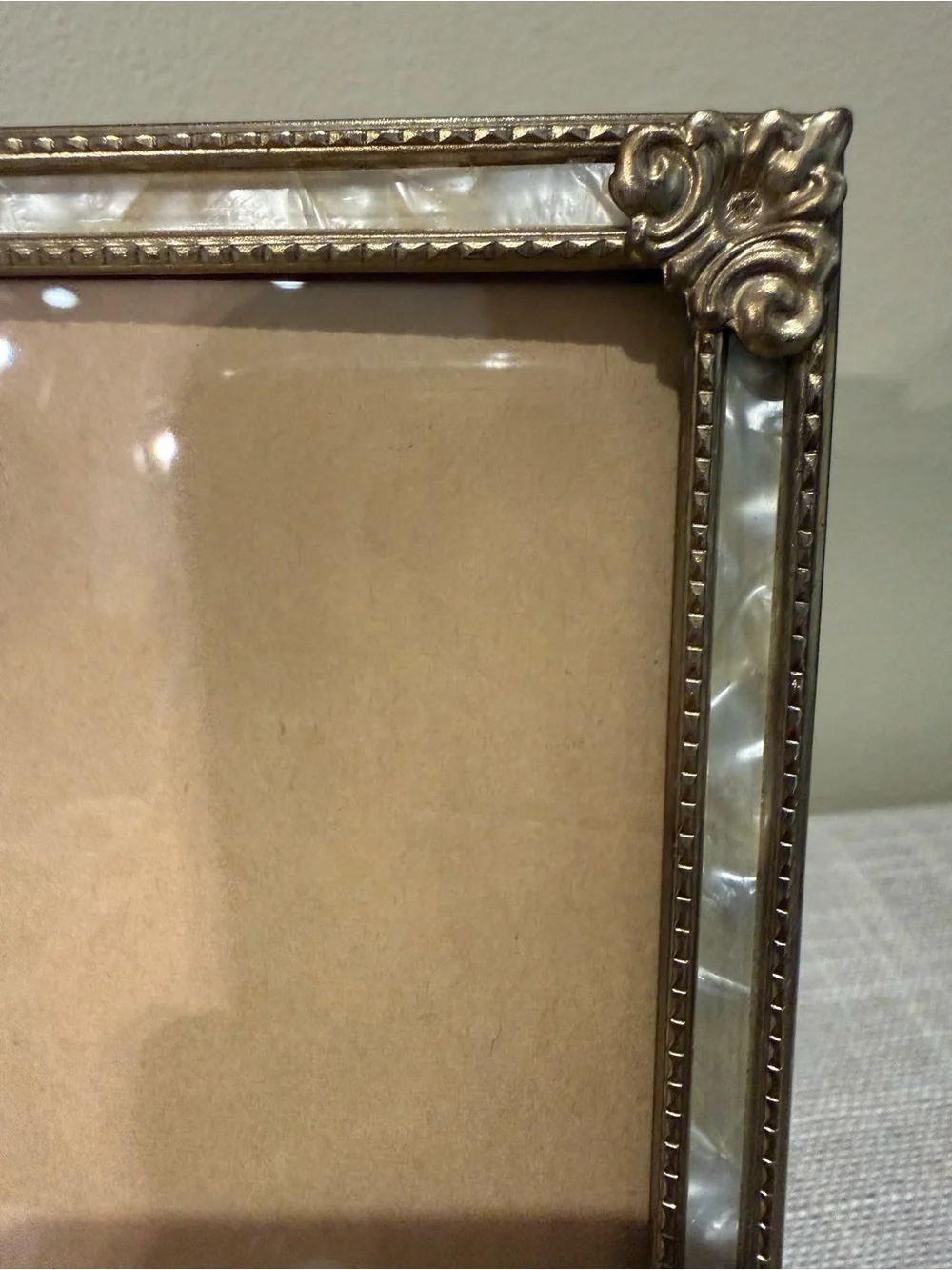 Vintage Brass & Mother of Pearl Photo Frame 5x7 Ornate Gold Floral Edge